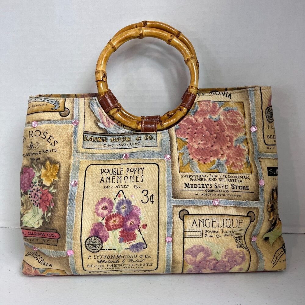 Elka Accessories Vintage Flower Seed Print Wood Round Double Handles Bag Purse